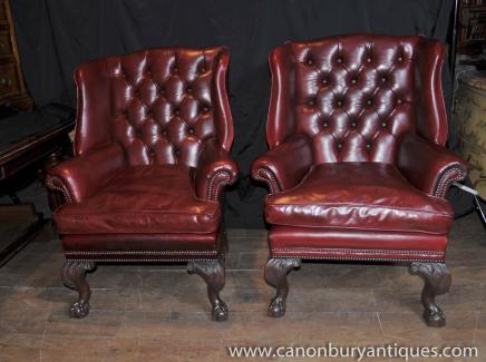 Pair Victorian Leather Chesterfield Arm Chairs Wingback Sofa Armchairs